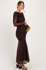 Chocolate Mesh Draped Shoulder Long Sleeve Maternity Maxi Dress