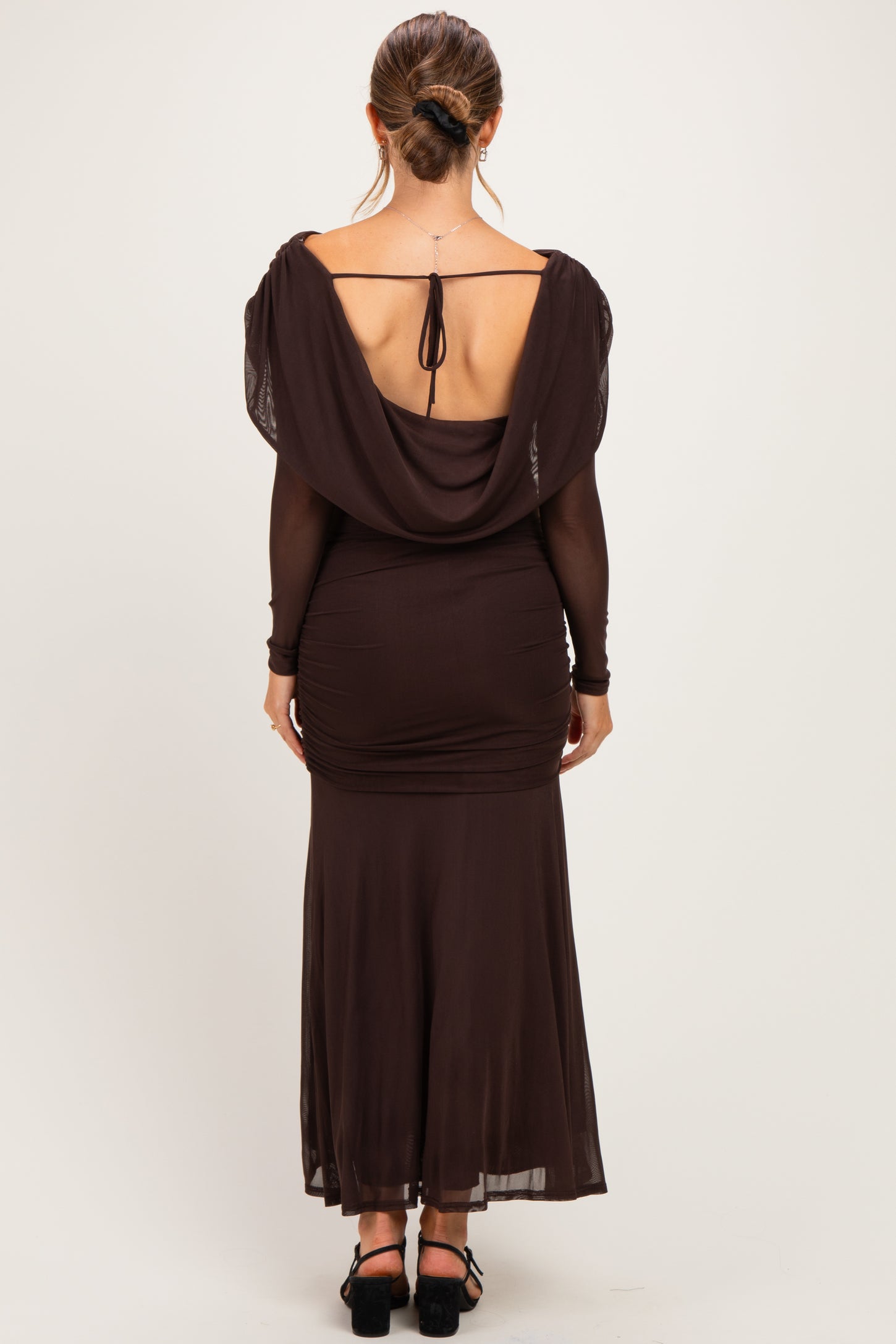 Chocolate Mesh Draped Shoulder Long Sleeve Maternity Maxi Dress