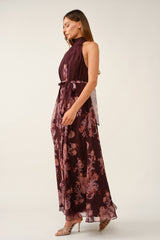 Burgundy Chiffon Floral Mock Halter Maxi Dress