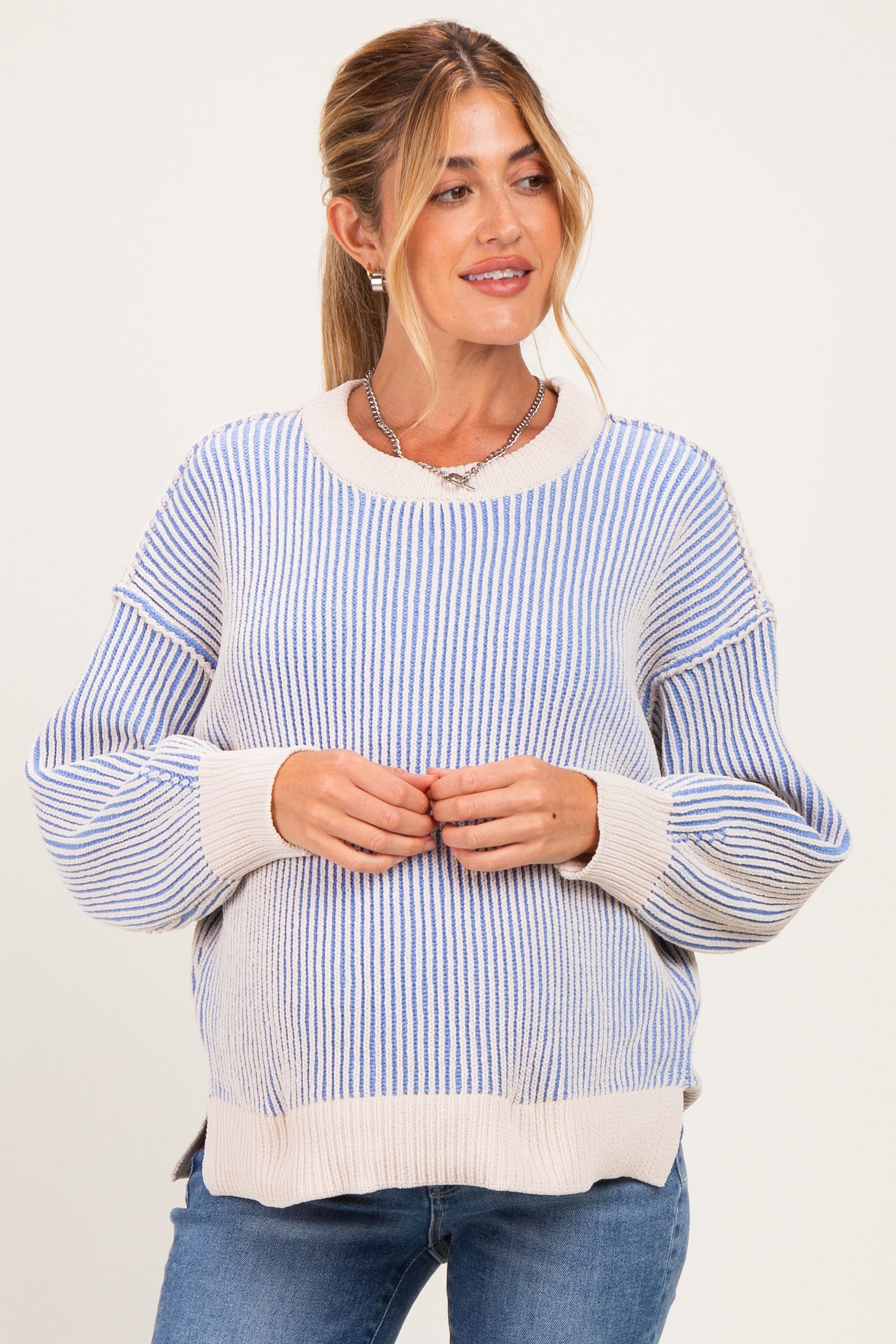 Blue Two Tone Oversized Maternity Sweater