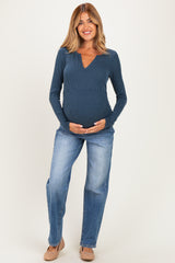 Hunter Green Ribbed V-Neck Long Sleeve Maternity Top