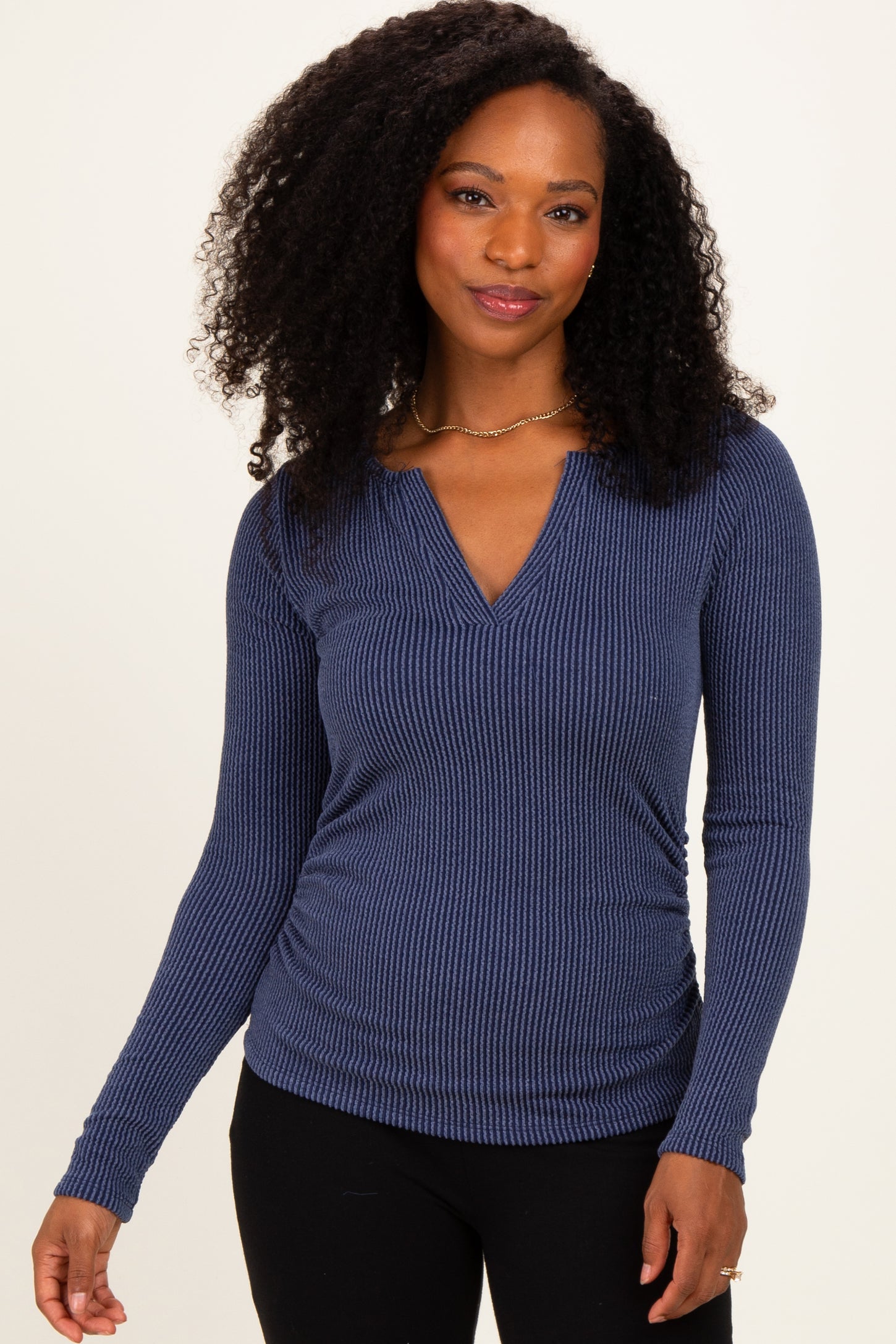 Navy Ribbed V-Neck Long Sleeve Maternity Top