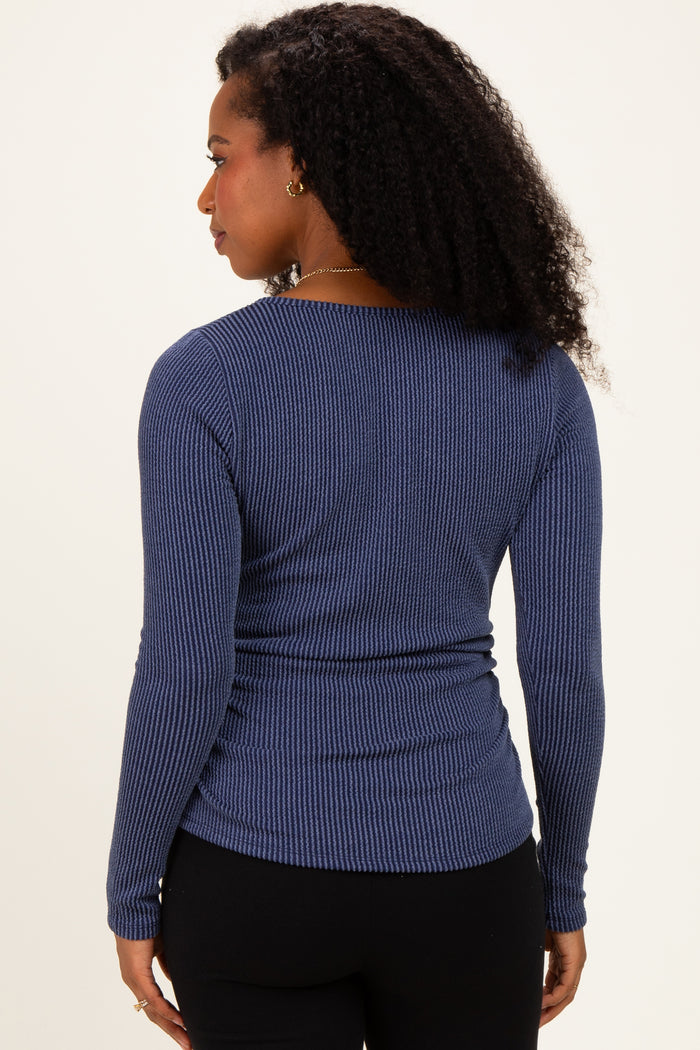 Navy Ribbed V-Neck Long Sleeve Top