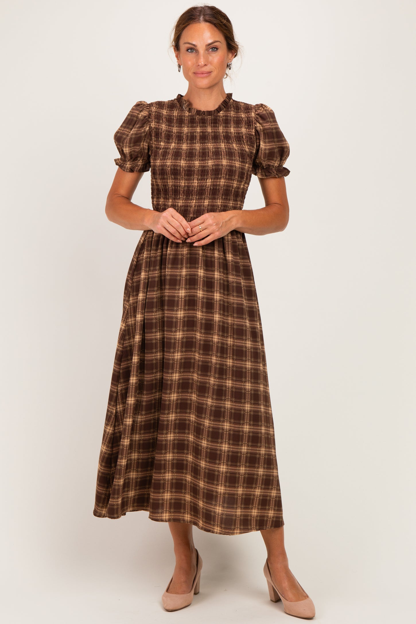 Brown Plaid Puff Sleeve Smocked Maternity Midi Dress