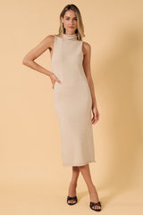 Oatmeal Turtleneck Sleeveless Maternity Midi Sweater Dress