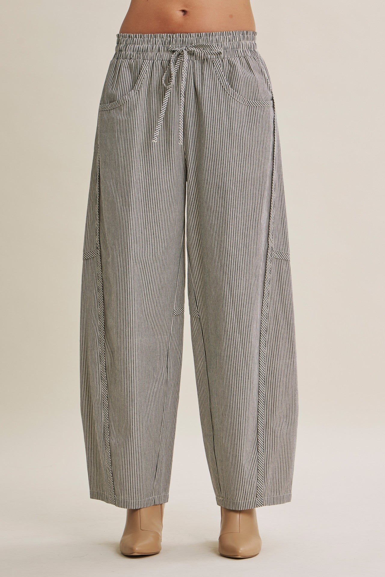 Black Striped Cotton Barrel Leg Pants