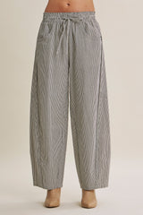 Black Striped Cotton Barrel Leg Pants