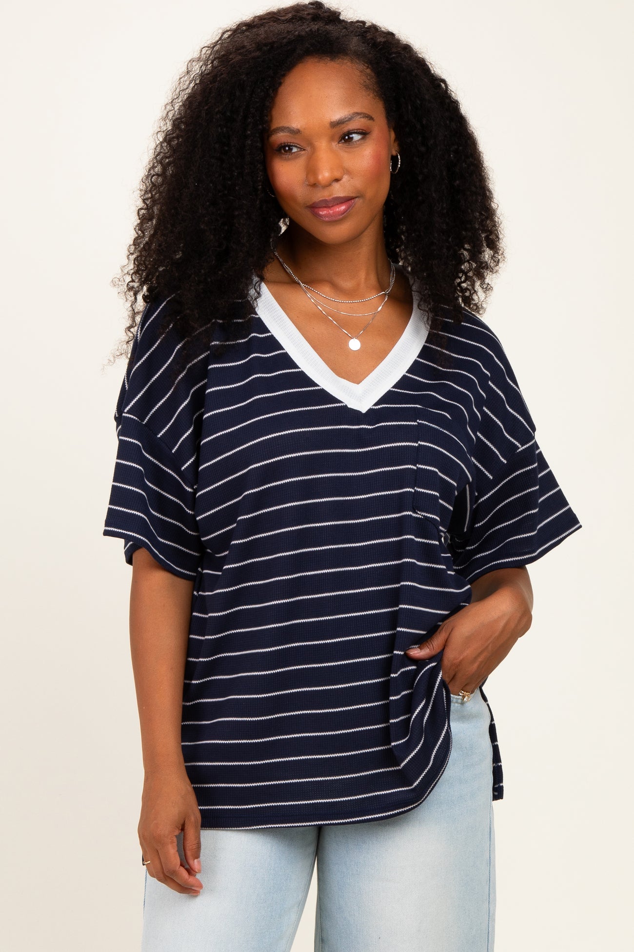 Navy Striped Short Sleeve V-Neck Maternity Top