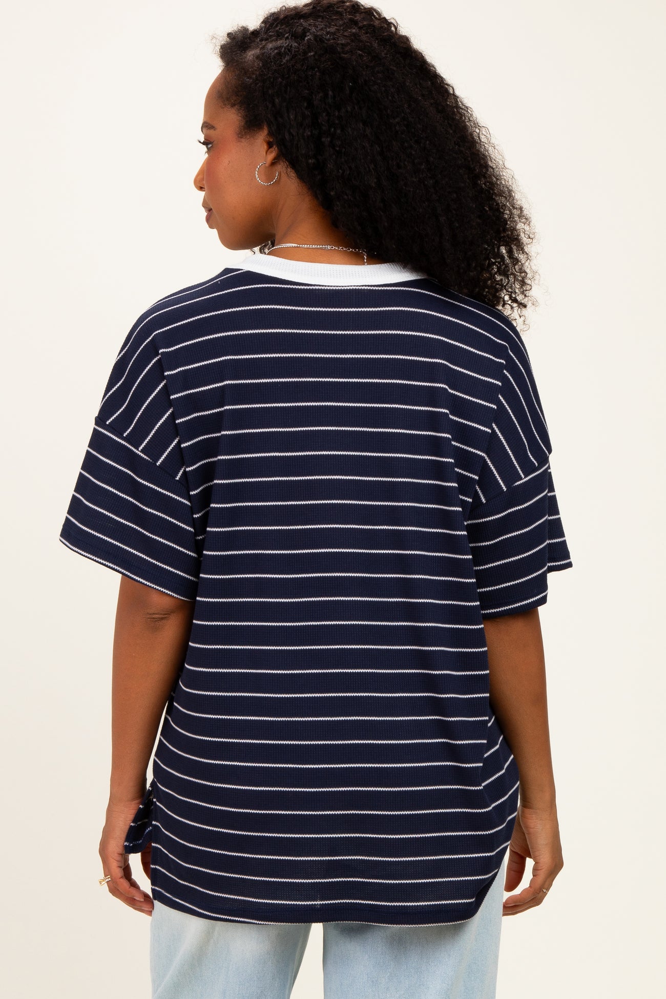 Navy Striped Short Sleeve V-Neck Top