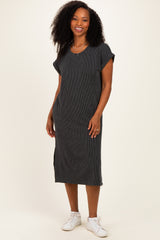 Charcoal Short Sleeve Ribbed Maxi Dress