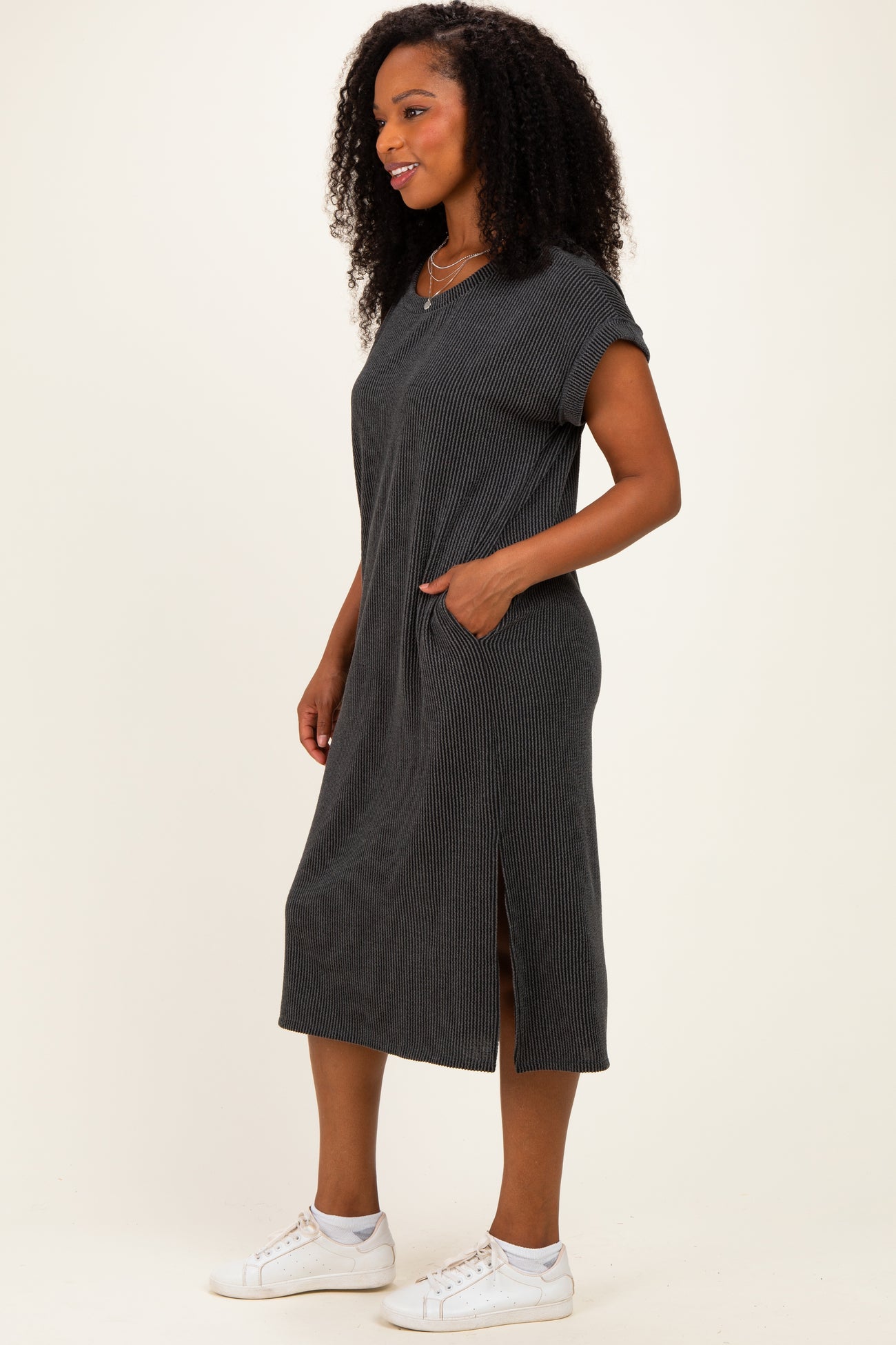 Charcoal Short Sleeve Ribbed Maxi Dress