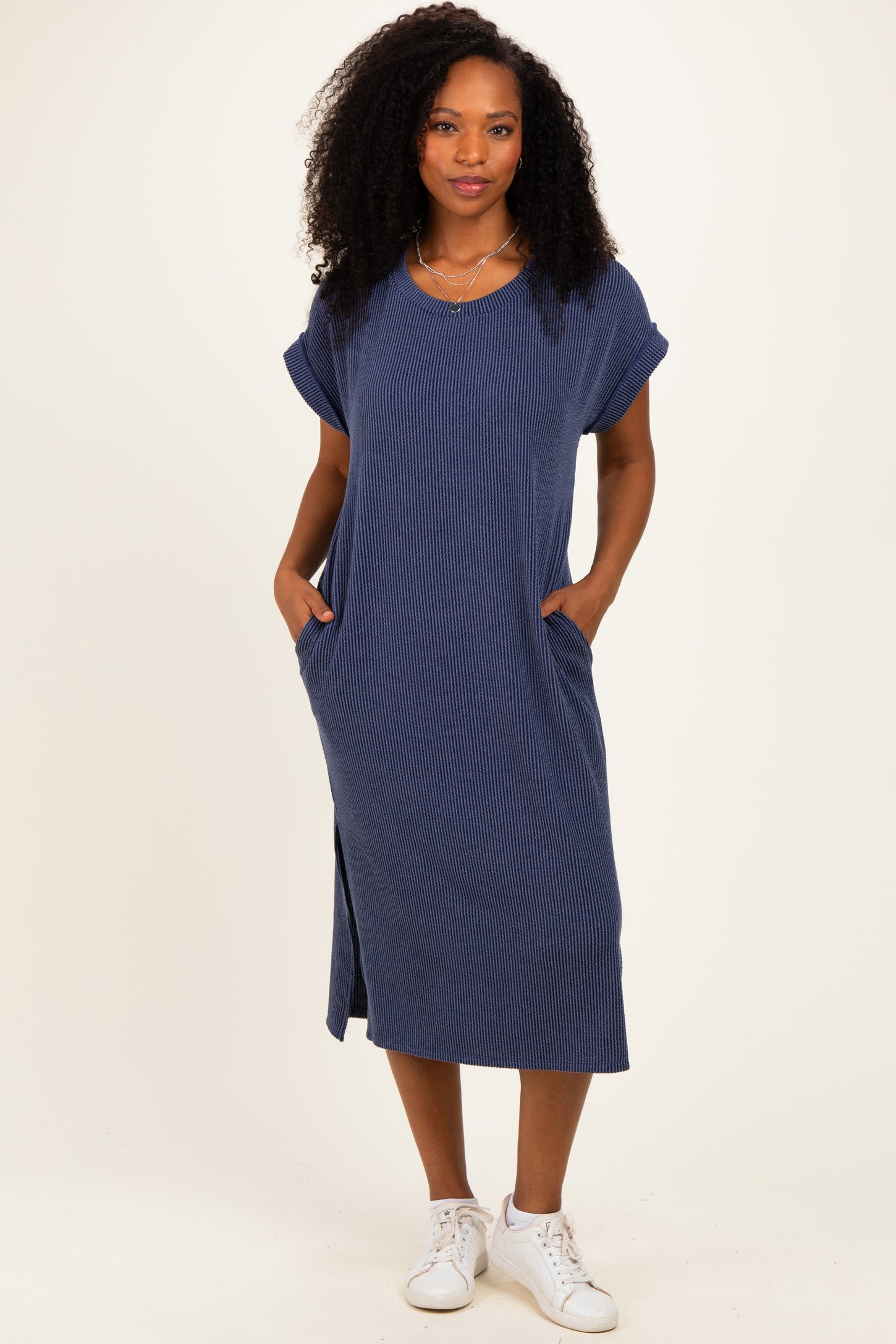 Navy Short Sleeve Ribbed Maternity Maxi Dress