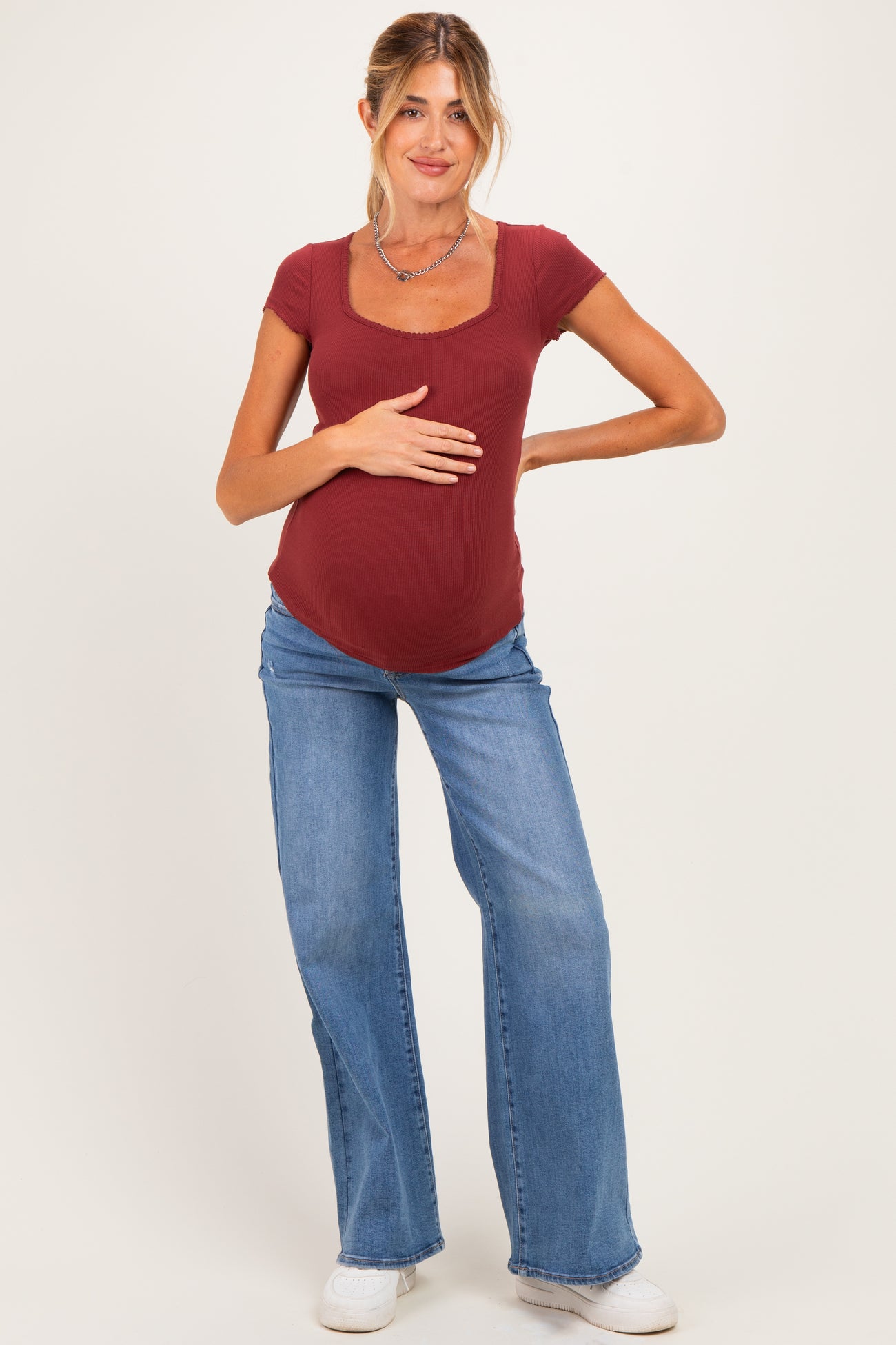 Maroon Ribbed Square Neck Cap Sleeve Maternity Top