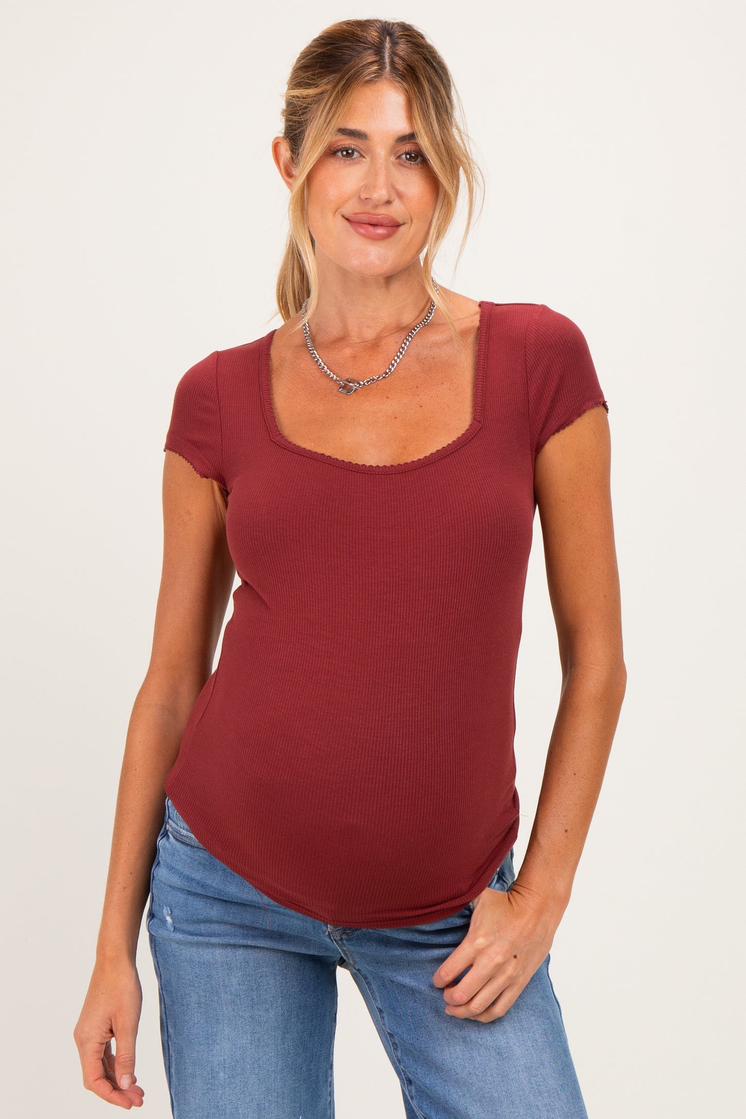Maroon Ribbed Square Neck Cap Sleeve Maternity Top