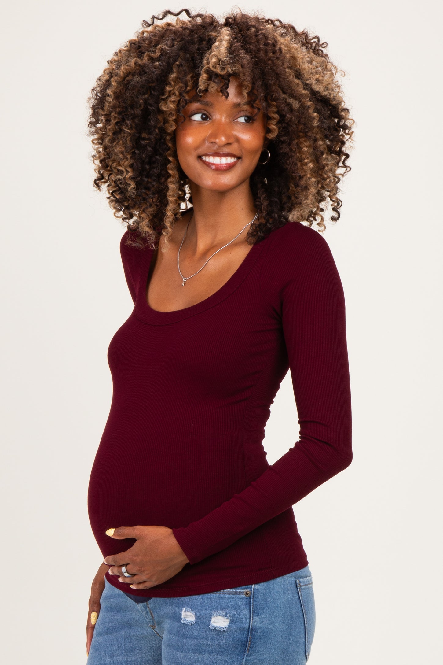 Burgundy Ribbed Scoop Neck Long Sleeve Maternity Top