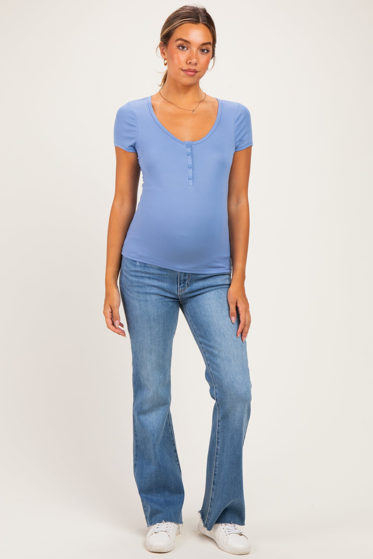 Blue Ribbed Button Scoop Neck Short Sleeve Maternity Top