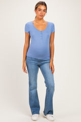 Blue Ribbed Button Scoop Neck Short Sleeve Maternity Top