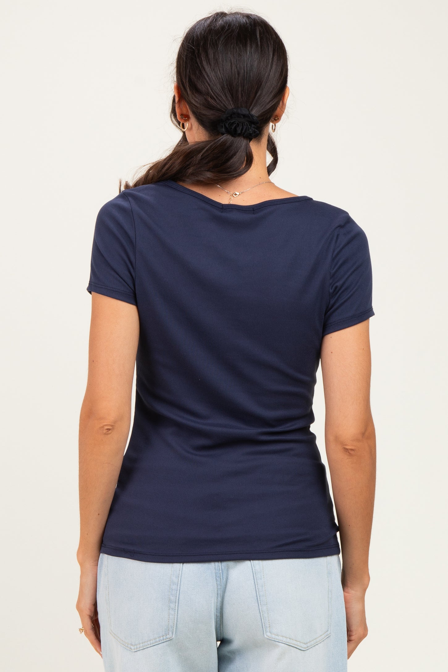Navy Ribbed Button Scoop Neck Short Sleeve Top