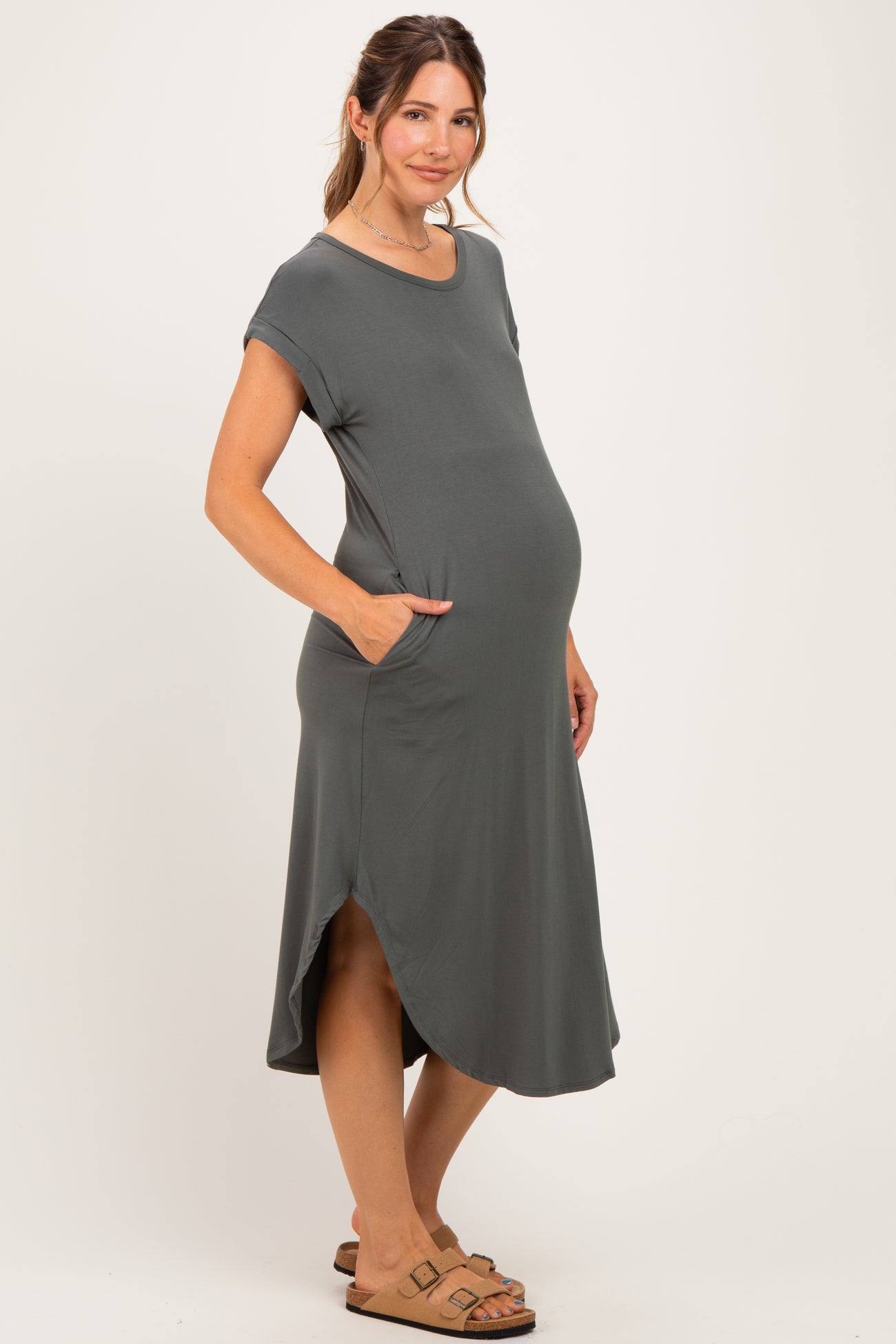 Gun Metal Rounded Hem Maternity Midi Dress