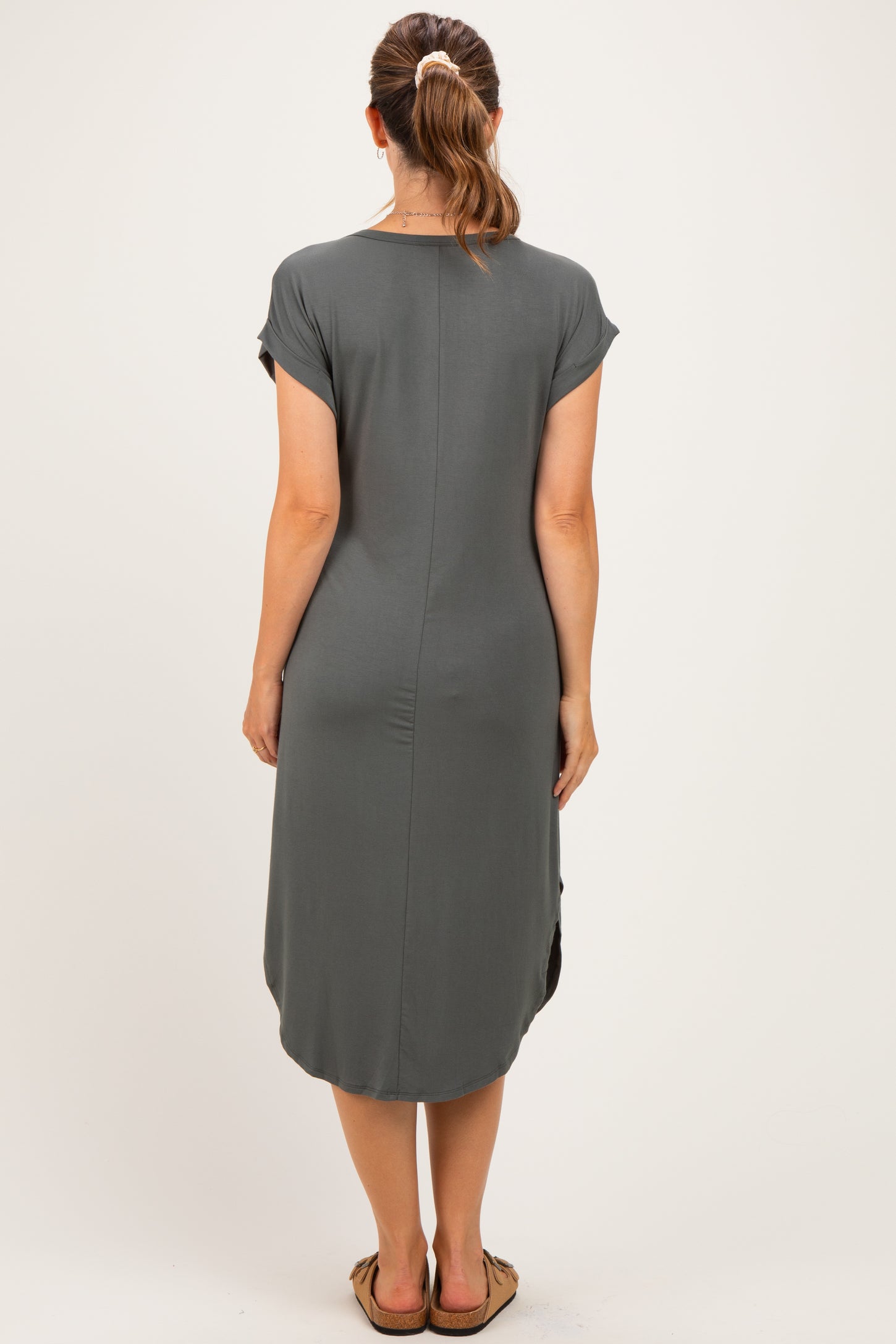 Gun Metal Rounded Hem Maternity Midi Dress