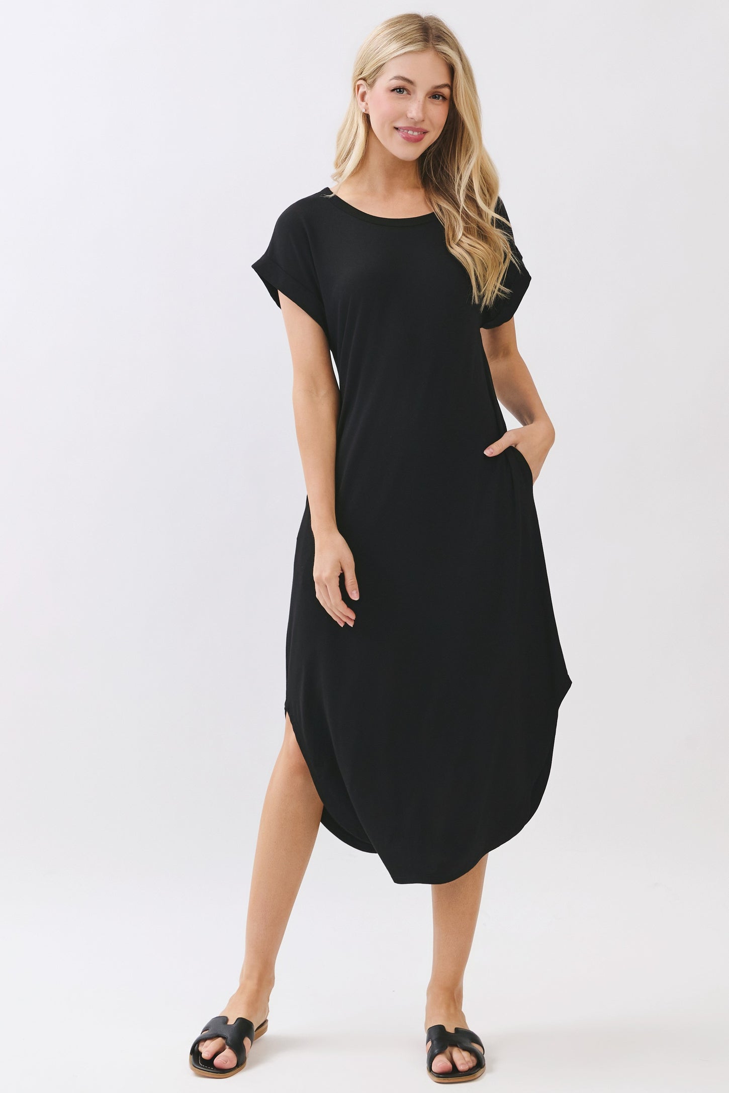 Black Rounded Hem Maternity Midi Dress
