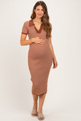 Brown Ribbed Striped Collared Maternity Midi Dress