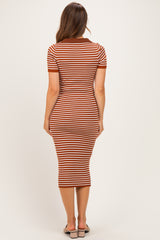 Brown Ribbed Striped Collared Maternity Midi Dress