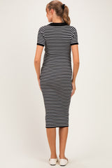 Black Ribbed Striped Collared Maternity Midi Dress