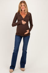 Brown Fitted Long Sleeve Wrap V-Neck Maternity Top