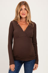 Brown Fitted Long Sleeve Wrap V-Neck Maternity Top