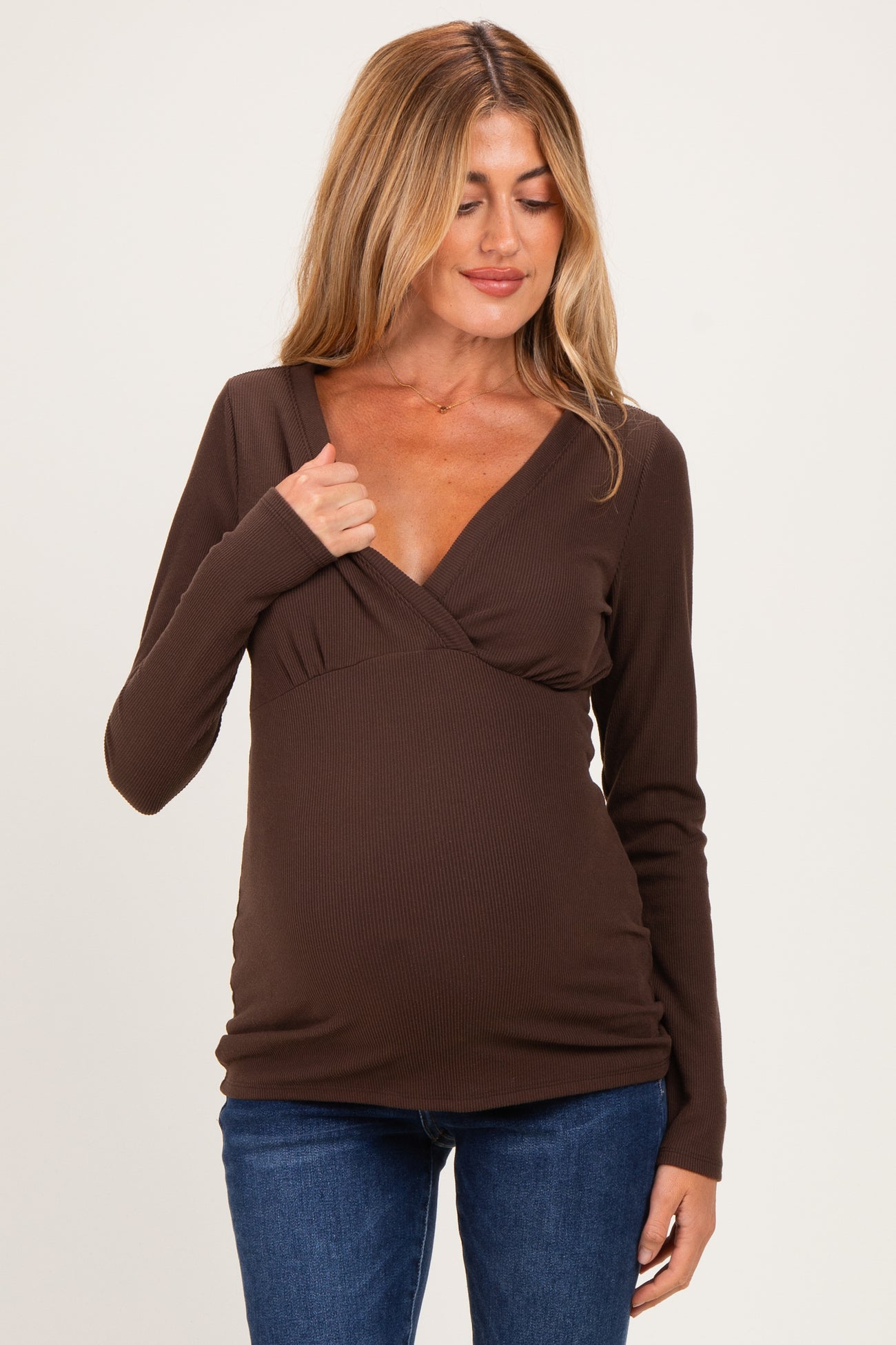 Brown Fitted Long Sleeve Wrap V-Neck Maternity Top