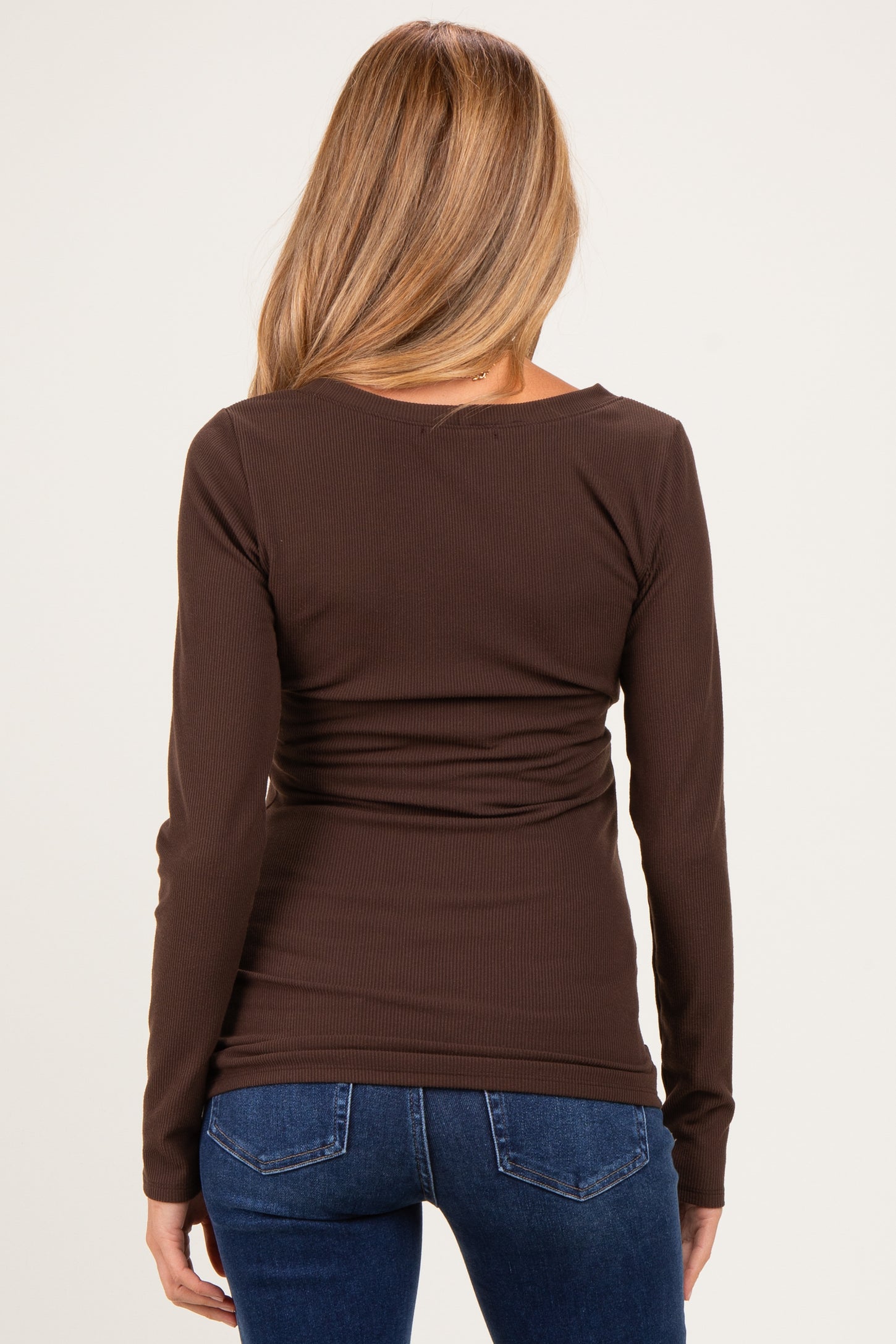 Brown Fitted Long Sleeve Wrap V-Neck Maternity Top