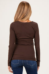Brown Fitted Long Sleeve Wrap V-Neck Maternity Top