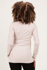 Beige Fitted Long Sleeve Wrap V-Neck Maternity Top