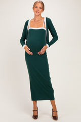 Hunter Green/ Cream Color Block Sleeveless Fitted Dress Maternity Cardigan Set