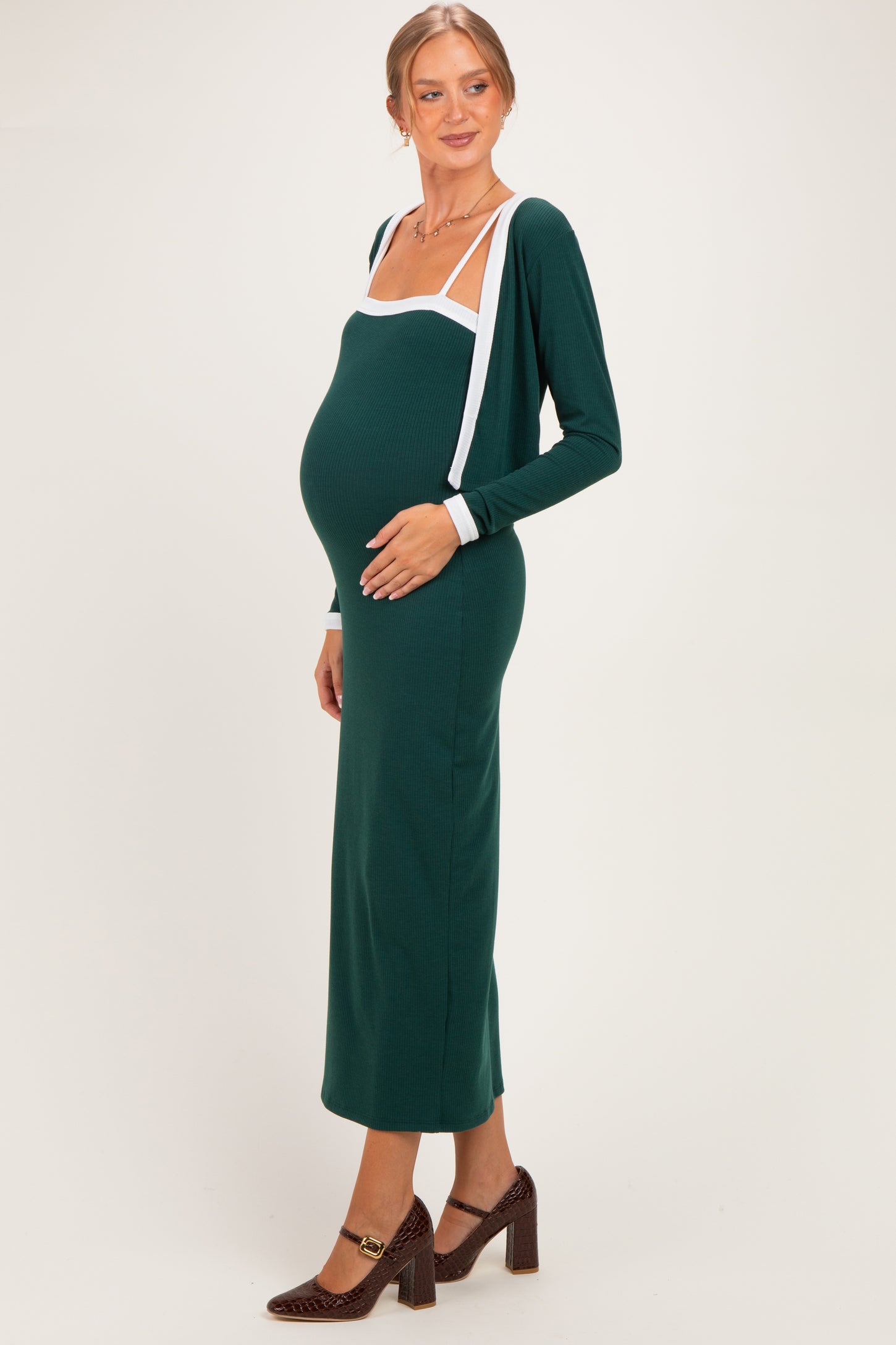 Hunter Green/ Cream Color Block Sleeveless Fitted Dress Maternity Cardigan Set