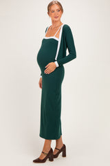 Hunter Green/ Cream Color Block Sleeveless Fitted Dress Maternity Cardigan Set