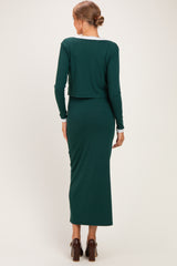 Hunter Green/ Cream Color Block Sleeveless Fitted Dress Maternity Cardigan Set
