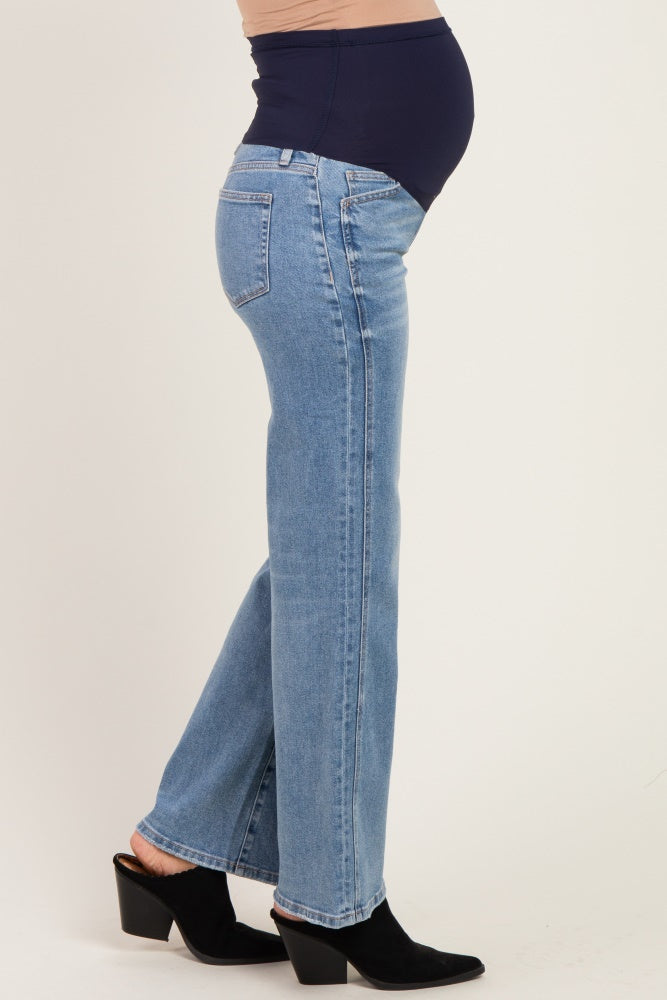 Blue Side Seam Detail Relaxed Bootcut Maternity Jeans