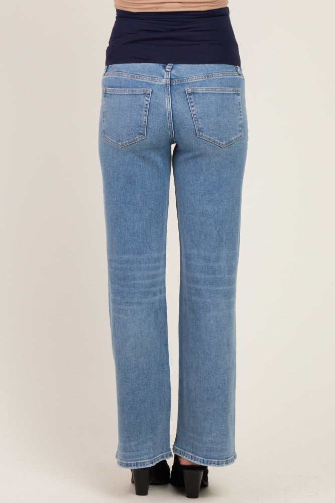 Blue Side Seam Detail Relaxed Bootcut Maternity Jeans