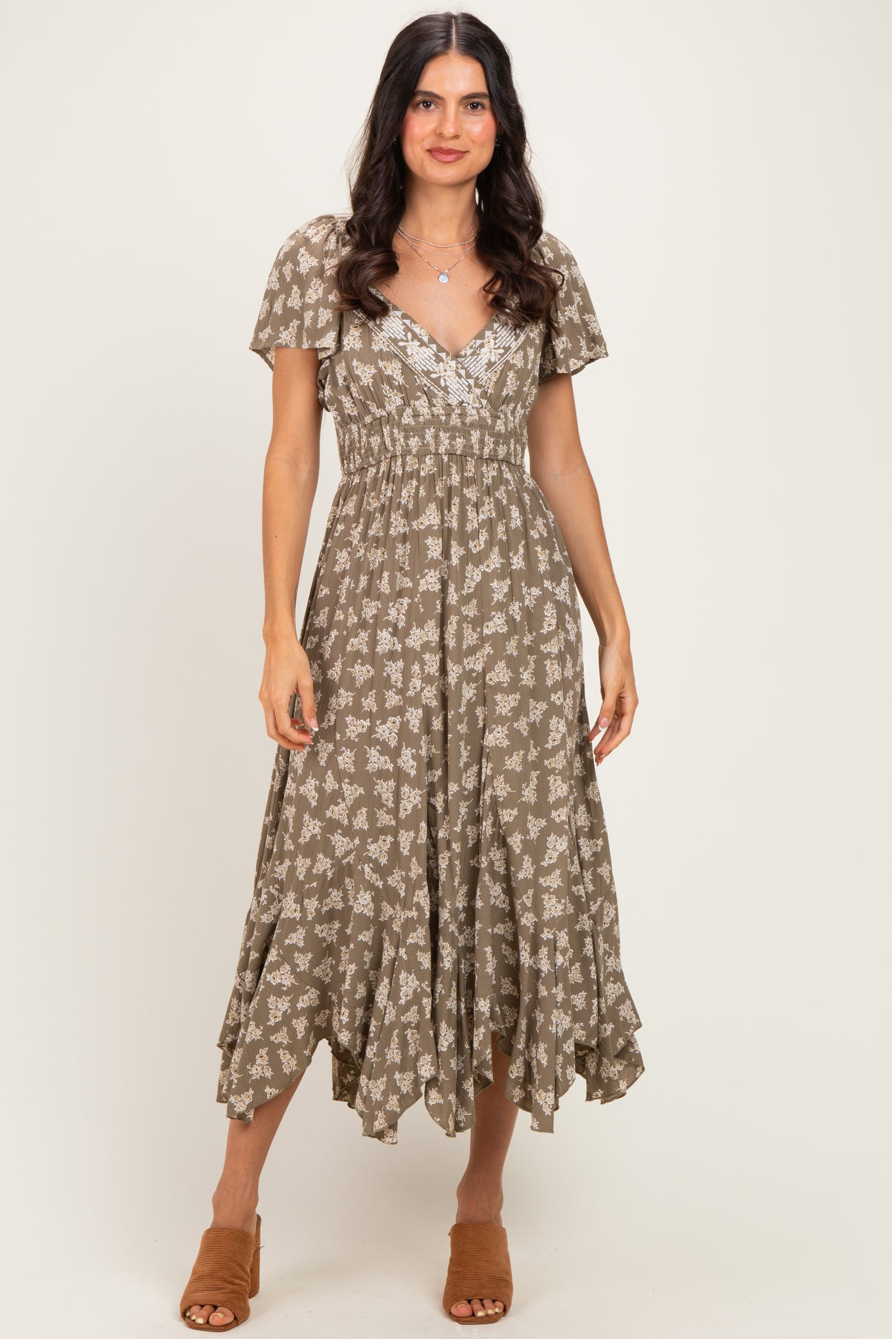 Olive Floral Embroidered Maternity Maxi Dress