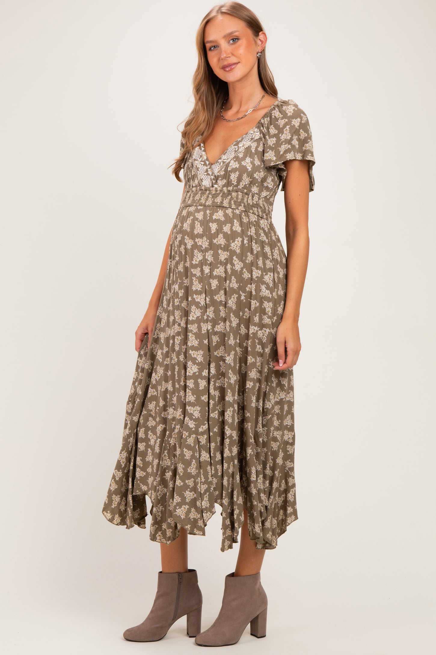 Olive Floral Embroidered Maternity Maxi Dress