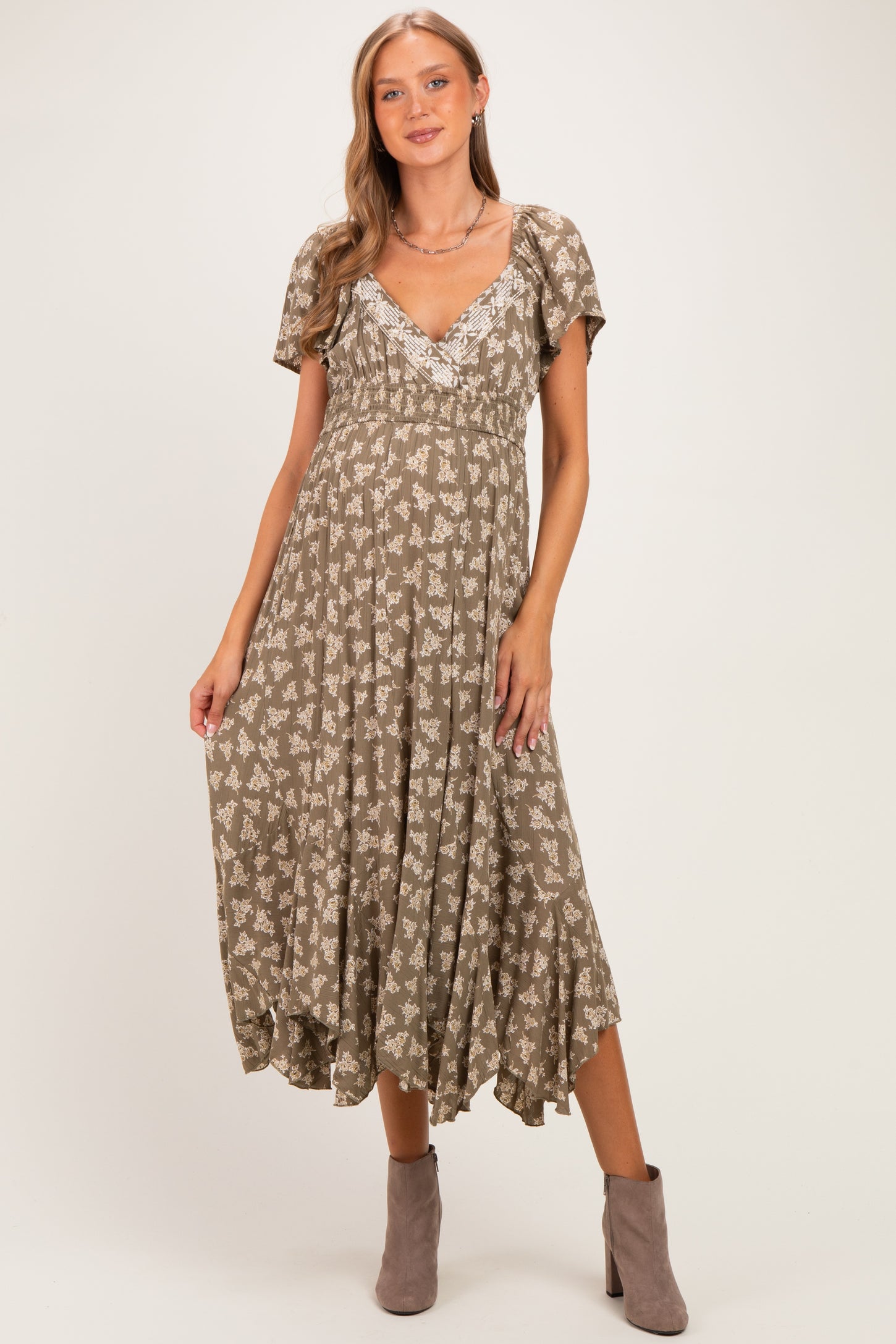 Olive Floral Embroidered Maternity Maxi Dress