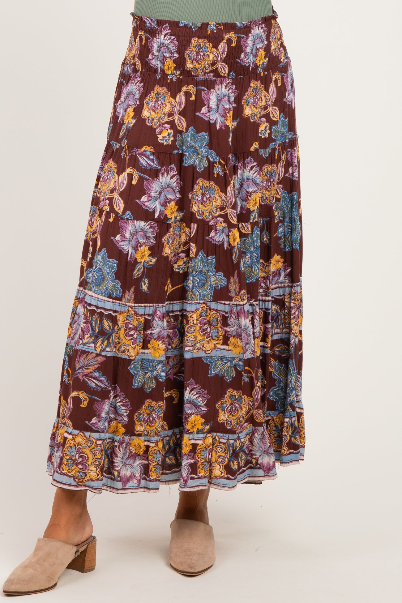 Cocoa Floral Smocked Waistband Tiered Maternity Maxi Skirt
