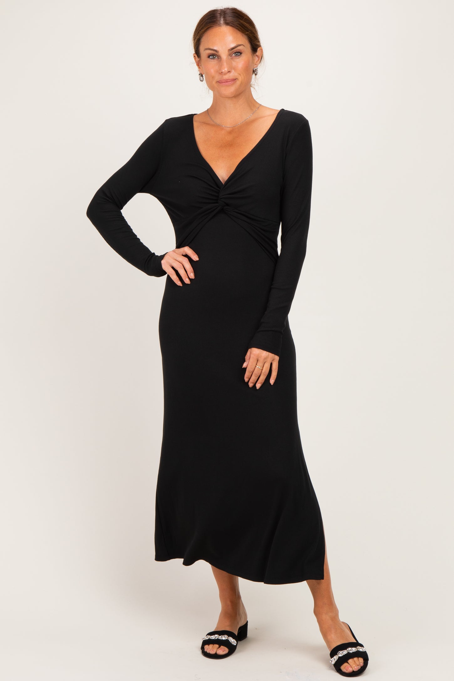 Black Knotted V-Neck Side Slit Long Sleeve Maternity Dress