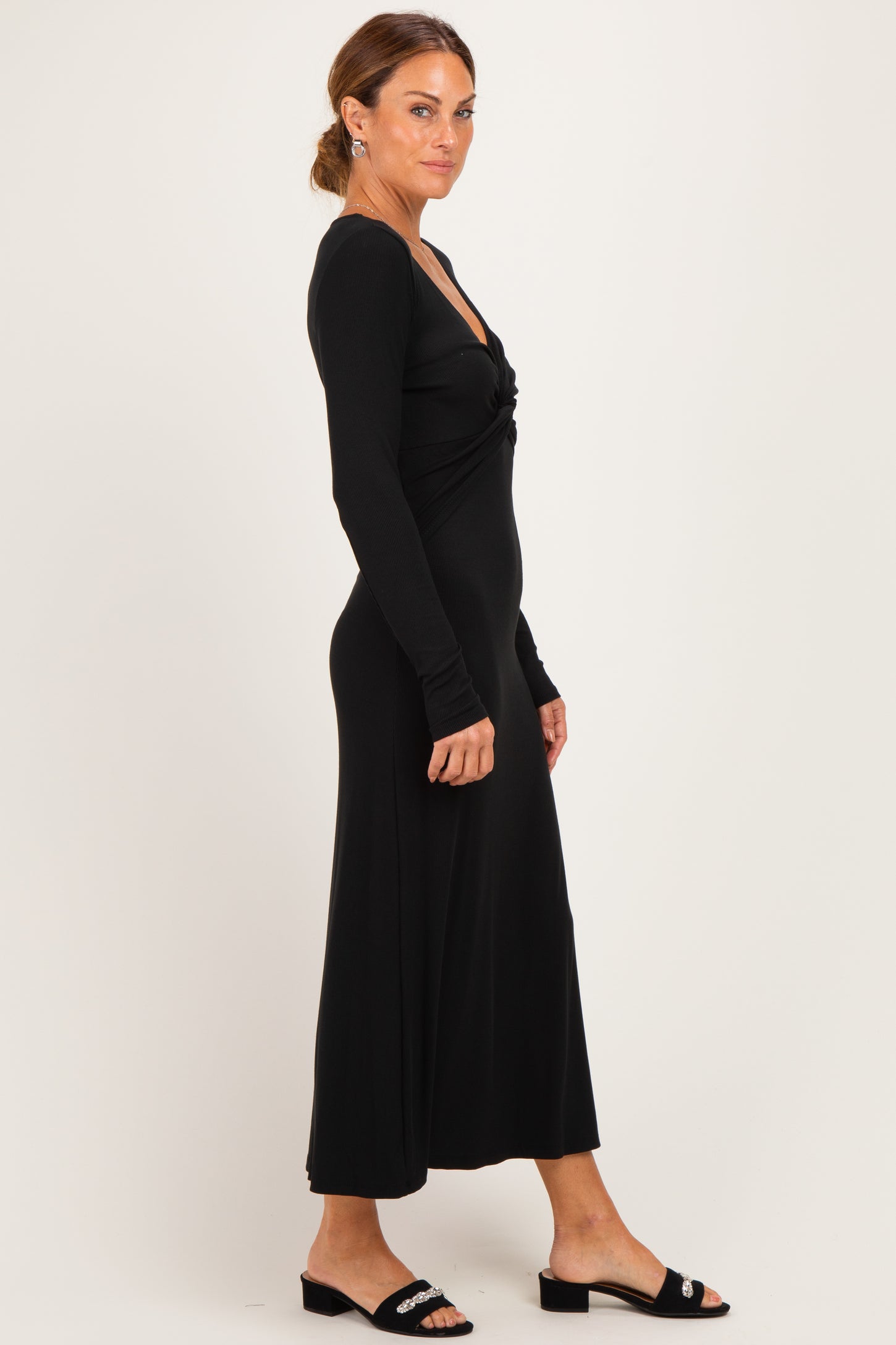 Black Knotted V-Neck Side Slit Long Sleeve Dress
