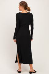 Black Knotted V-Neck Side Slit Long Sleeve Dress
