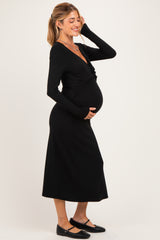 Black Knotted V-Neck Side Slit Long Sleeve Maternity Dress
