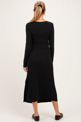 Black Knotted V-Neck Side Slit Long Sleeve Maternity Dress