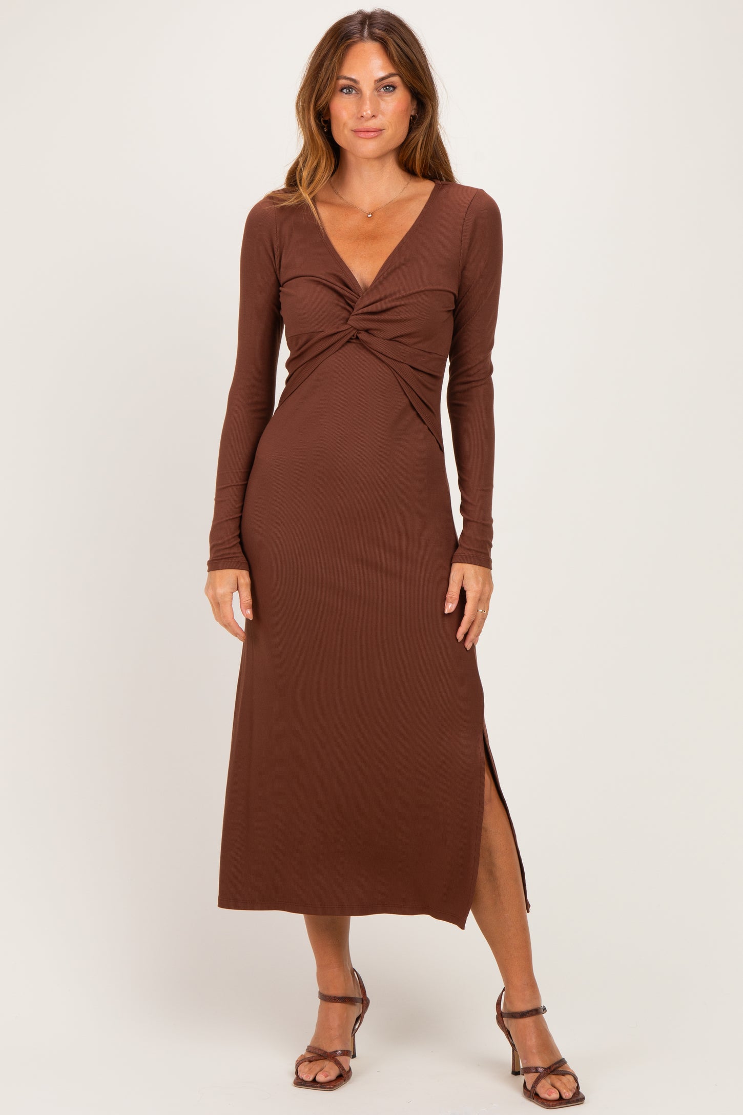 Brown Knotted V-Neck Side Slit Long Sleeve Dress
